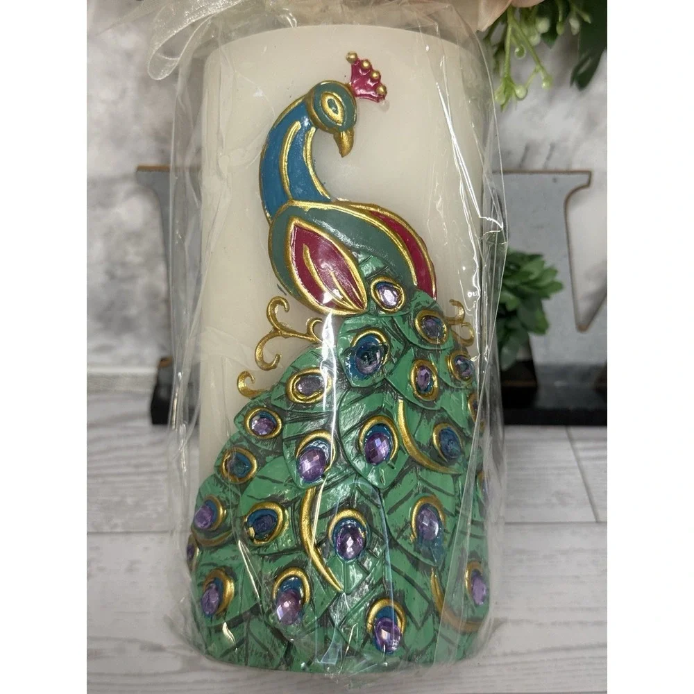 Vintage‎ Pier 1 Imports Peacock Candle Rhinestone Feather Pillar Home Décor Gift
